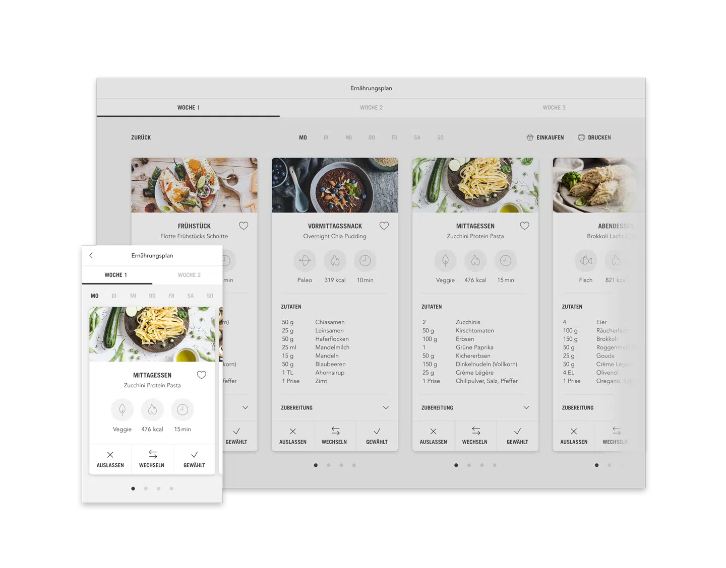 Move Ernährungsplan Plan mit Mahlzeiten (Desktop responsive Ansicht Beispiel Tag)